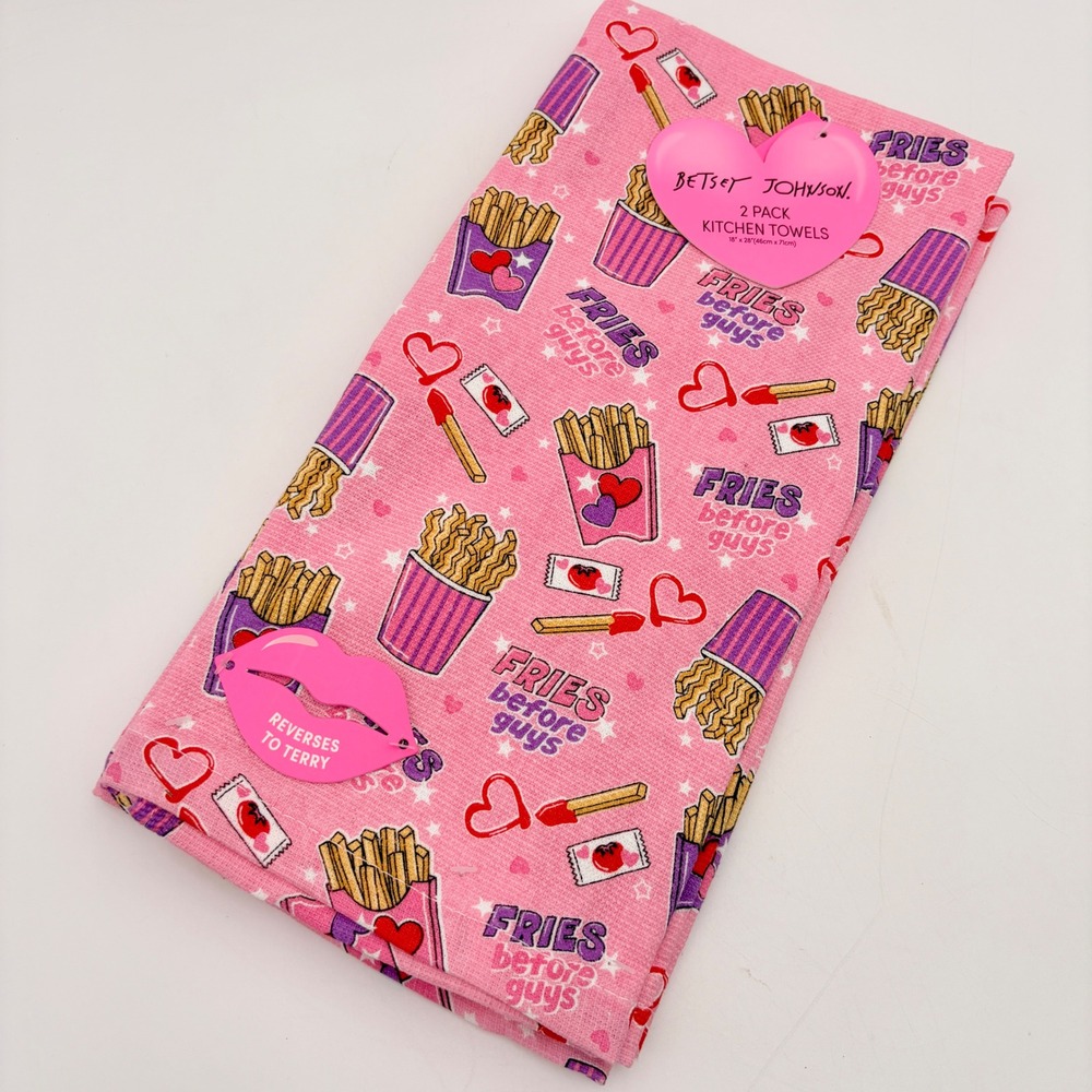 Betsey Johnson 2 Pack Kitchen Towels Pink Fries‎ Before Guys Valentine Holiday